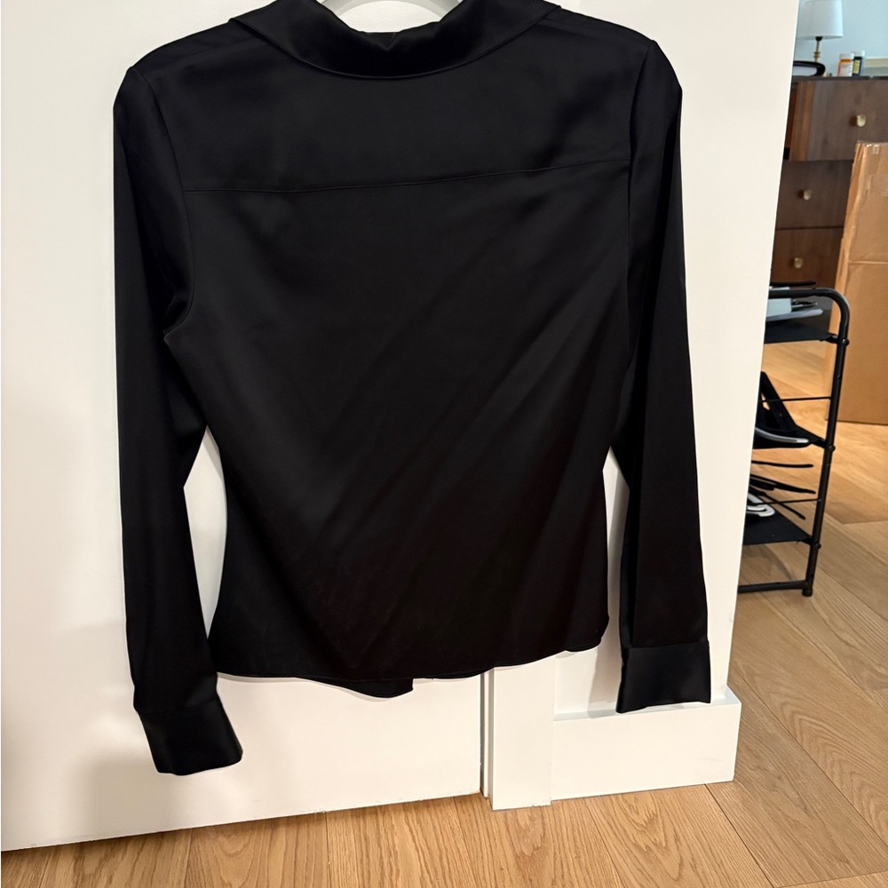 Theory NWOT Silky Black Ruched Front Long-Sleeve Blouse - Picture 2 of 3